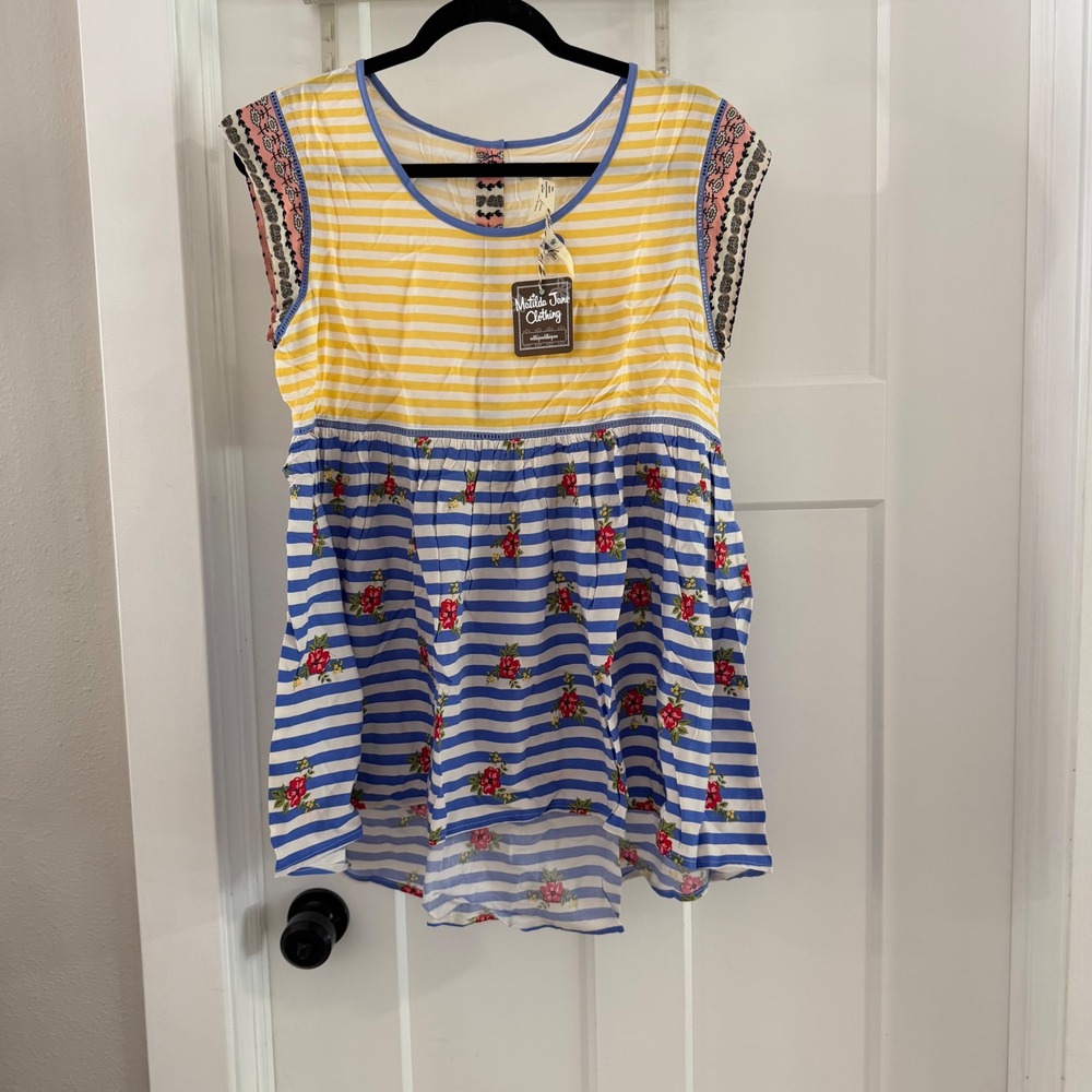Matilda Jane Mixed Media Striped Floral Babydoll Top Yellow Blue M Boho Colorful